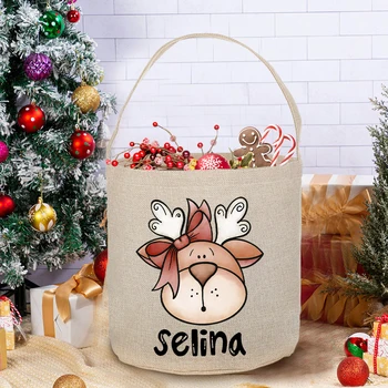 Персонализированная Рождественская сумка с принтом Оленя, изготовленные на Заказ сумки-ведра для мальчиков и девочек с милыми животными, игрушки для рождественской вечеринки, сумки для конфет, Рождественский подарочный пакет