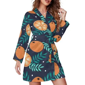 Пижамный халат Boho Oranges с принтом зеленых листьев, пижамы для отдыха с длинным рукавом, халаты, женская мягкая пижама с V-образным вырезом, осеннее платье с принтом