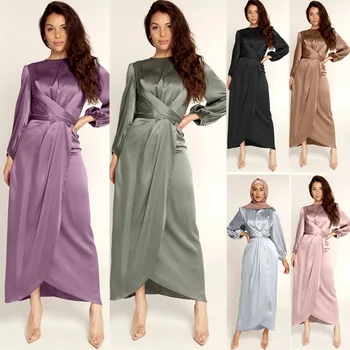 Повседневное однотонное мусульманское платье с длинным рукавом и воланами, атласная рубашка с круглым вырезом, женские абайи, вечерние платья для женщин, кафтан из Абайи