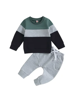 Повседневный комплект из 2 предметов для маленьких мальчиков с толстовкой с длинным рукавом и эластичными штанами контрастных цветов для весенней и осенней одежды