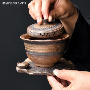 Ретро Позолоченная Глазурь Гайвань Традиционный Керамический Чайник для заварки чая Ручной работы Красивая Чайная Чаша Бытовой Чайник с фильтром из грубой Керамики