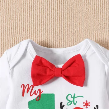 Рождественские Наряды для маленьких мальчиков из 3 предметов С длинным рукавом, галстуком-бабочкой, Ползунки, Брюки, Шляпа, Комплект детской одежды