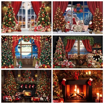 Рождественский фон для фотосъемки, Рождественская елка, камин, деревянный пол, декор для семейного фестиваля, вечеринки, реквизит для фотостудии
