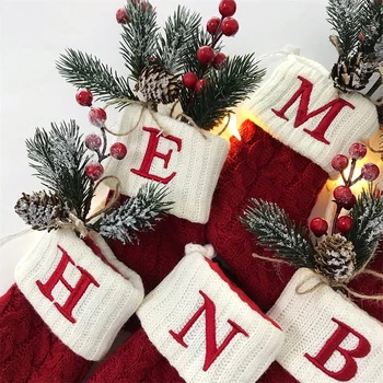 Рождественский чулок, Красные буквы в виде снежинок, Рождественские носки, украшения для Рождественской елки, Рождественские подарочные пакеты, Новый год 2023