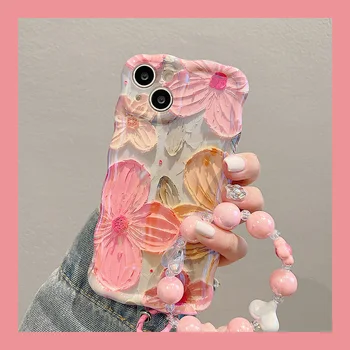 Розовая картина маслом, цветок, цепочка на шнурке, чехол для телефона для iPhone 14 13 12 Pro Max, чехол для iPhone 11, мягкий силиконовый противоударный чехол