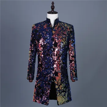 Роскошный мужской блейзер с блестками 2023 года бренда, смокинг в китайском стиле с воротником-стойкой, пиджак для вечеринки, шоу, выпускного вечера, костюмы певцов, пальто