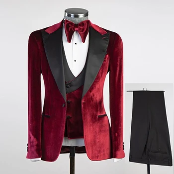 Свадебные костюмы для жениха, официальная вечеринка для выпускного вечера, бордовый бархатный жакет, жилет, Брюки, Комплект из 3 предметов, мужской костюм, сшитый на заказ, мужская модная одежда