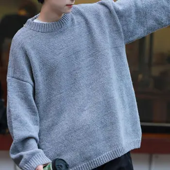 Свободный Корейский Мужской свитер с круглым вырезом, Пуловер большого размера, Джемпер, Однотонный Мужской Трикотажный свитер Оверсайз