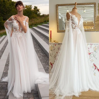 Современное свадебное платье с цветочной вышивкой и аппликацией, Съемные рукава, крылья, Изготовленные на заказ Свадебные платья из прозрачного тюля с V-образным вырезом