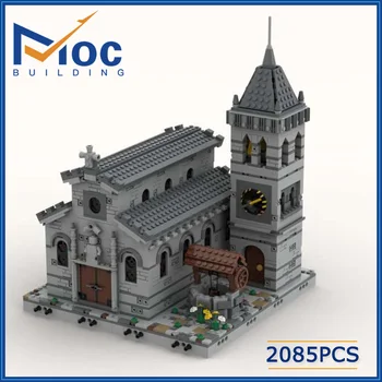 Строительные блоки Городской замок, Средневековая церковь - модульная архитектура с видом на улицу, большая сборка своими руками, строительная модель MOC-33985