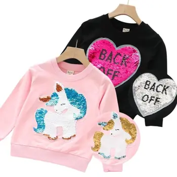 Толстовка с капюшоном с милым котом для маленьких девочек, Хлопковый свитер с рисунком Единорога с блестками, детская Весенне-осенняя одежда, топы