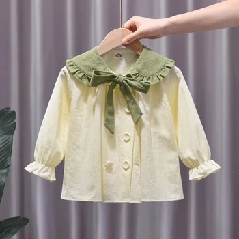 Топ с лацканами для девочек 2023 года, новая весенне-осенняя рубашка с длинными рукавами и бантом на пуговицах, детская повседневная рубашка в тон