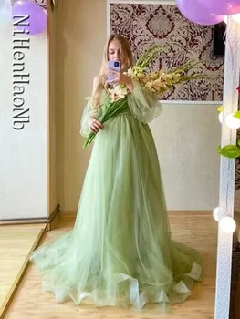 Травянисто-зеленые Пышные платья с длинным рукавом наполовину, принцесса, Подружка невесты, Банкетная вечеринка, Бальное платье для выпускного вечера, платье