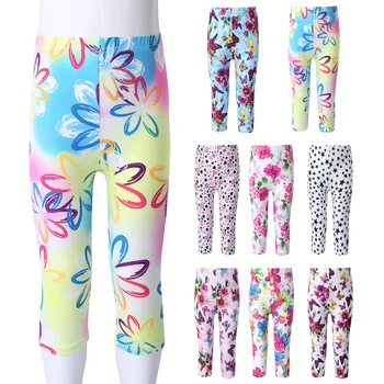 Укороченные брюки Oyolan для девочек с цветочным принтом, детские узкие брюки длиной до икр, эластичные леггинсы, детские универсальные штаны