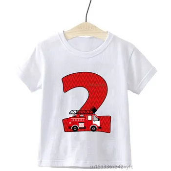 Футболка с номерами на день рождения пожарного автомобиля для мальчиков, футболка со строительной машиной для мальчиков, белая футболка для маленьких девочек, топ