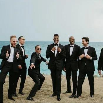 Черные свадебные мужские модные костюмы Группа шаферов, платье жениха на заказ, классический костюм на одной пуговице, 2 предмета (куртка + брюки + галстук-бабочка)