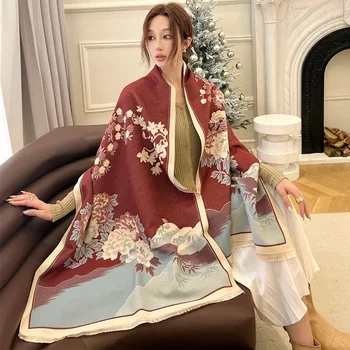 Шарф из искусственного кашемира, зимняя шаль, женский модный палантин с цветами, большое одеяло, бандана для леди 180 *65 см