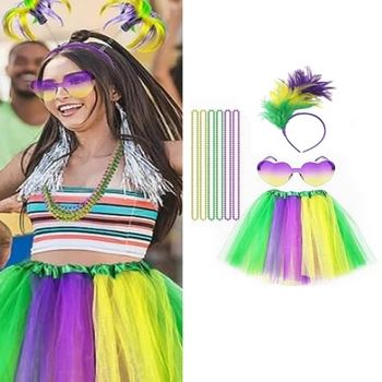 Юбка-пачка Mardi Gras, повязка на голову, Очки, ожерелье, набор для вечеринок, Карнавалов, праздничных торжеств Mardi Gras