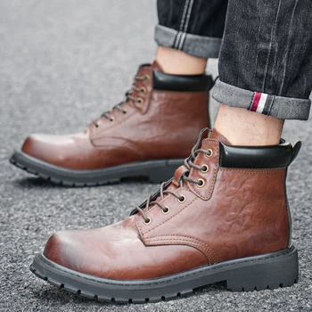 Зима 2023, Качественные дизайнерские кожаные мужские зимние ботинки, деловые Удобные кожаные мужские ботинки, уличные мотоциклетные мужские ботинки на шнуровке