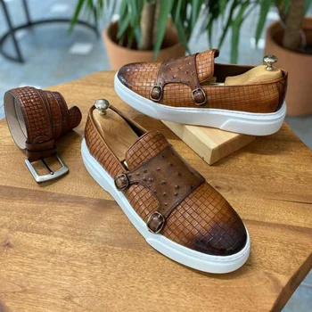 Новая коричневая мужская вулканизированная обувь, черная повседневная обувь для мужчин, мужская обувь Monk ручной работы из искусственной кожи с двойной пряжкой